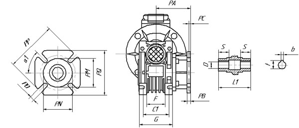 Мотор-редуктор MU имеет следующие габаритные и присоединительные размеры