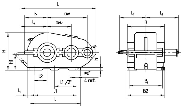 Редуктор горизонтальный цилиндрический двухступенчатый РМ-250 имеет следующие Габаритные и присоединительные размеры